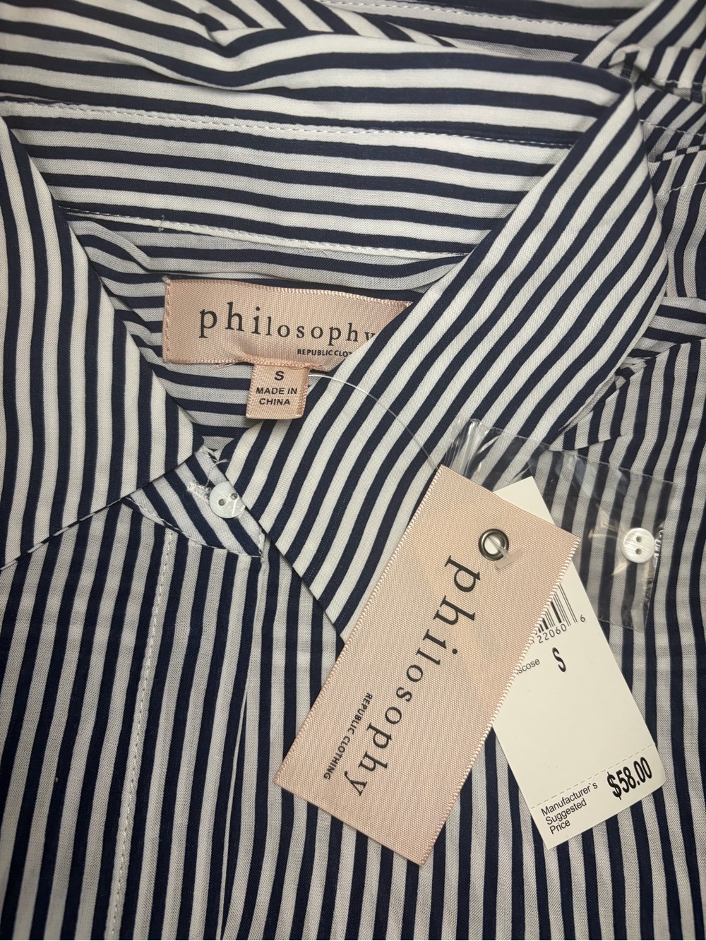 Philosophy Dark Navy Blue with White Vertical Stripes, Button-Up Shirt. - Picture 8 of 8